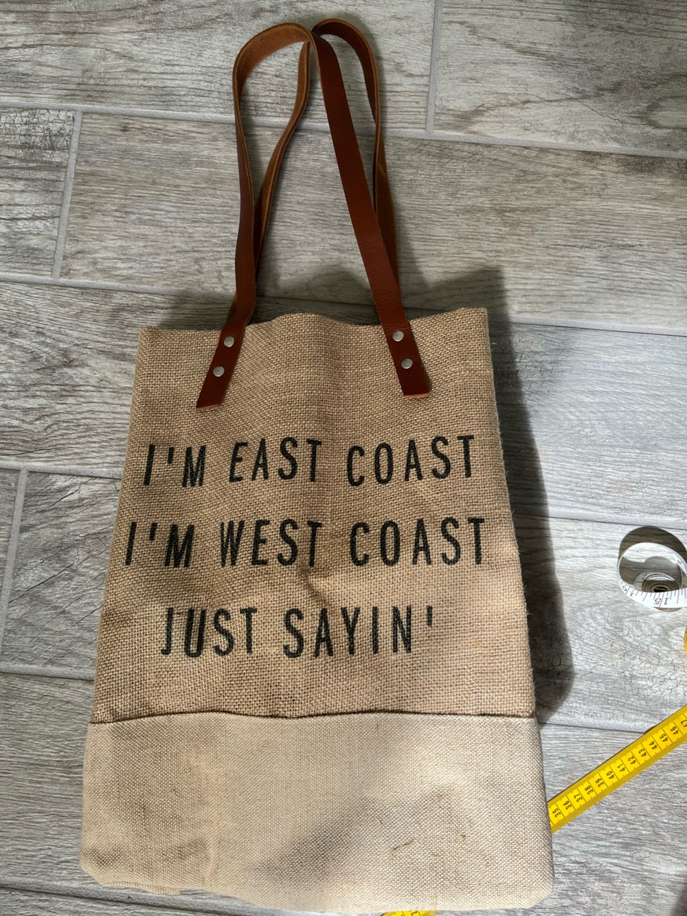 Leather-Handle Jute Tote Bag - Tan & Brown
